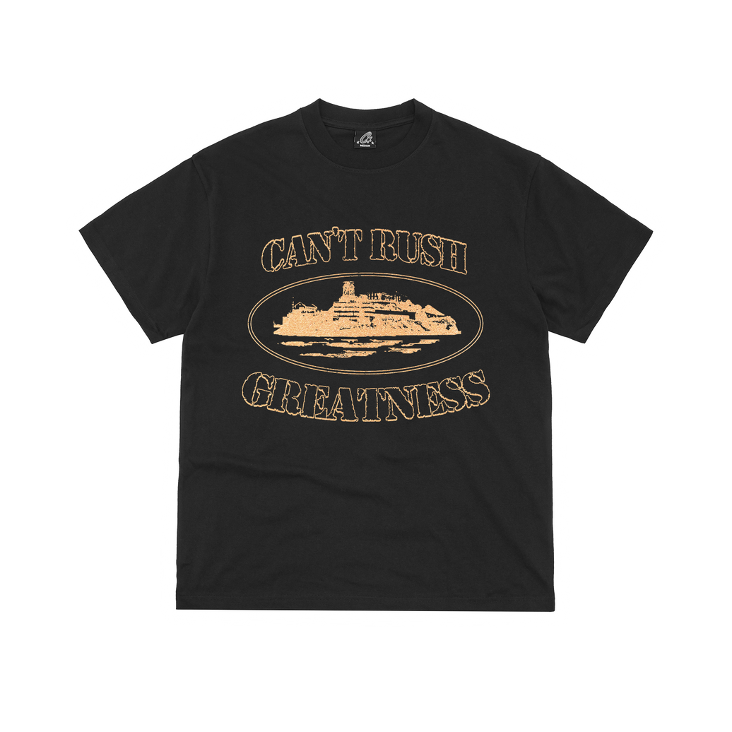 CORTEIZ X CAN'T RUSH GREATNESS TEE BLACK- GOLD
